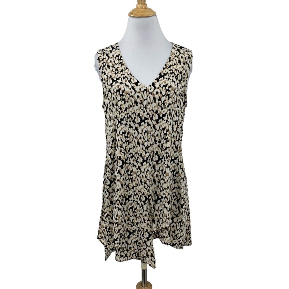 Vince Camuto Top Womens M Medium Brown Black Animal V Neck Asymmetric Layer Hem